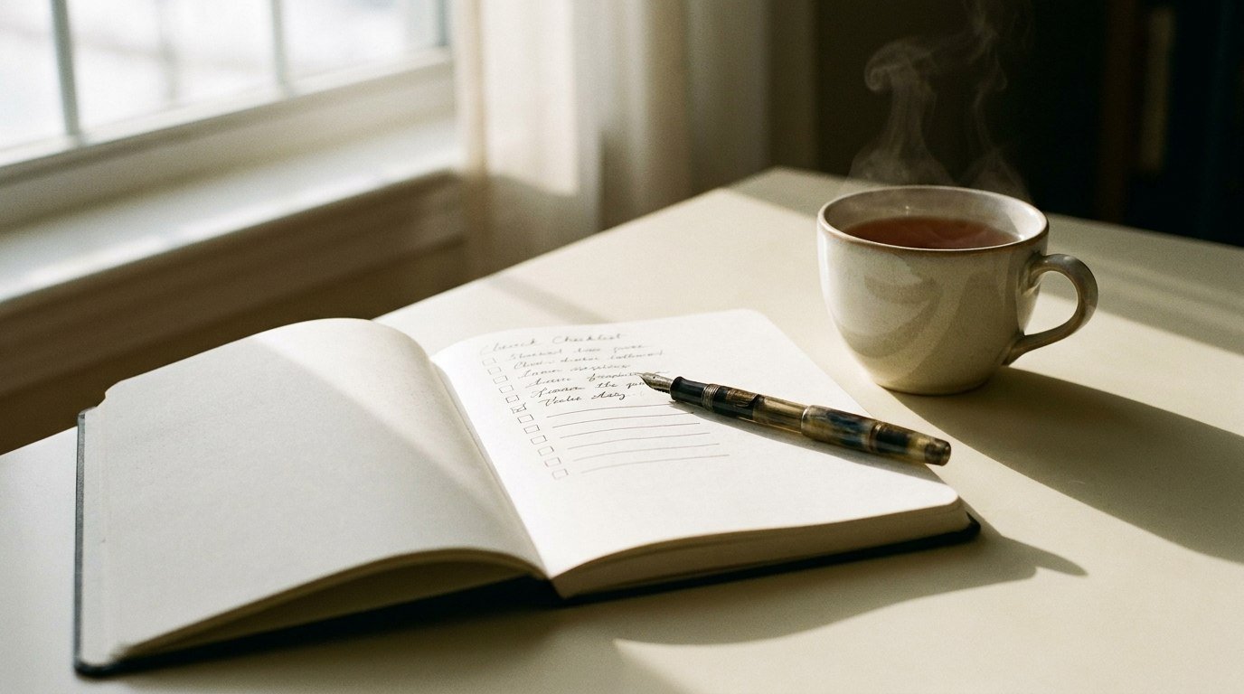 An open notebook and pen, representing the naming checklist process