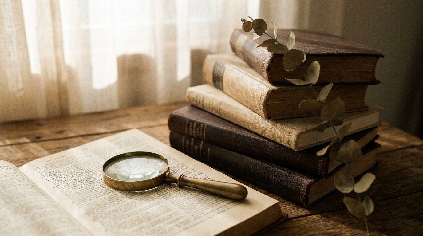 Reference books and a magnifying glass, representing the cross-checked research behind Hopi names