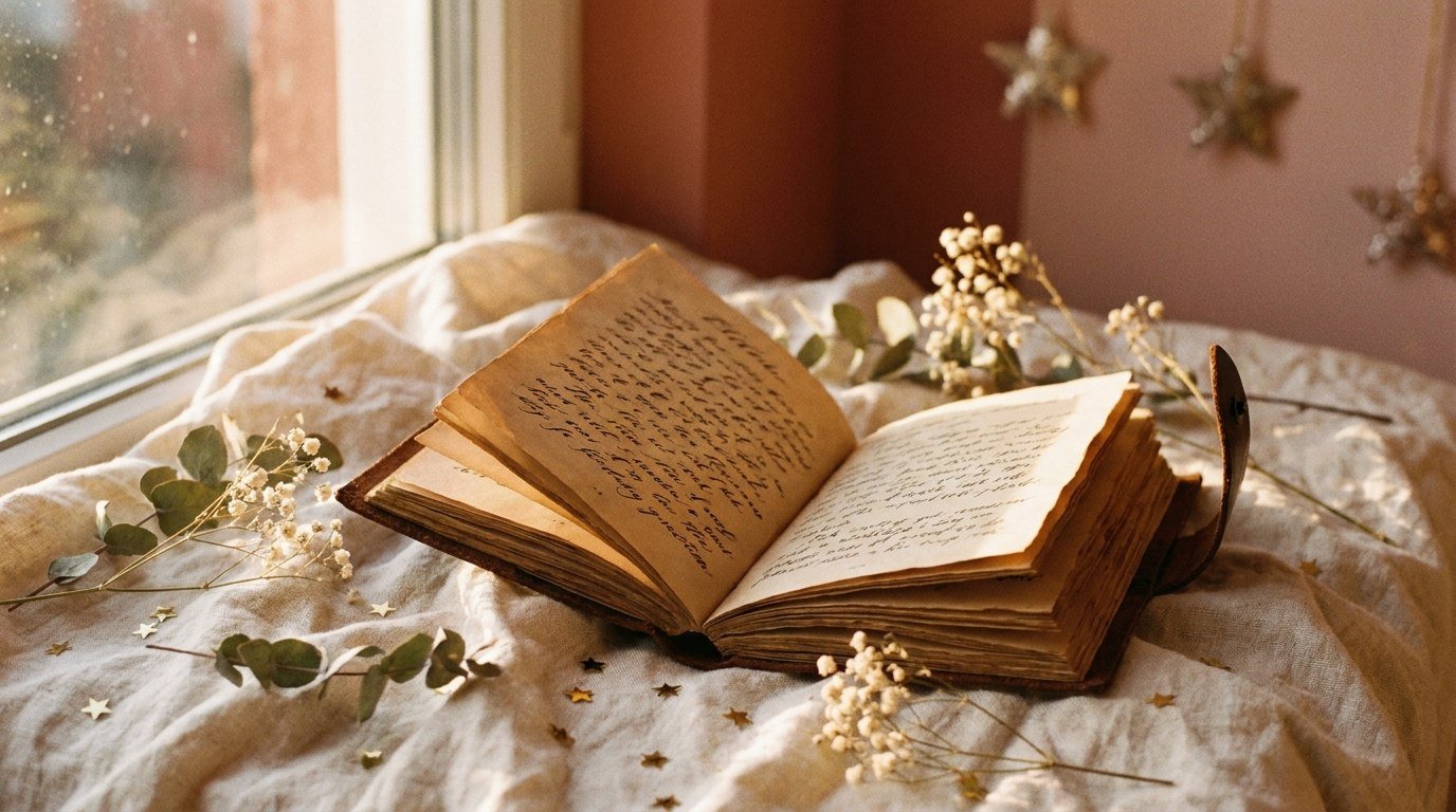 An open journal and dried flowers, representing the research behind every name on Magic Baby Names