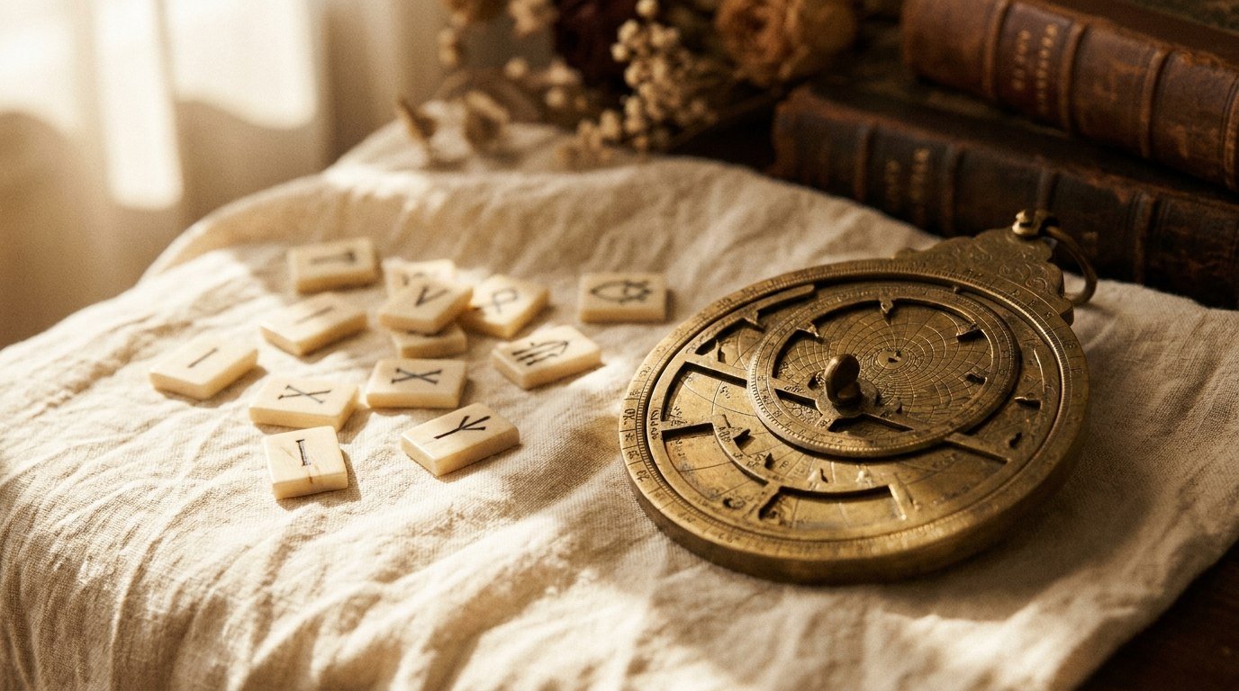 An antique astrolabe and numbered tiles, representing the numerology tradition